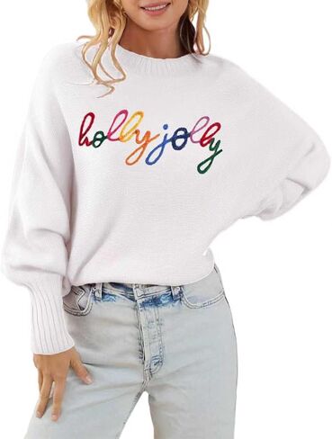Womens Merry Christmas Sweaters Long Batwing Sleeve Sweater Loose Fit Pullover Top Sweaters in Saudi Arabia
