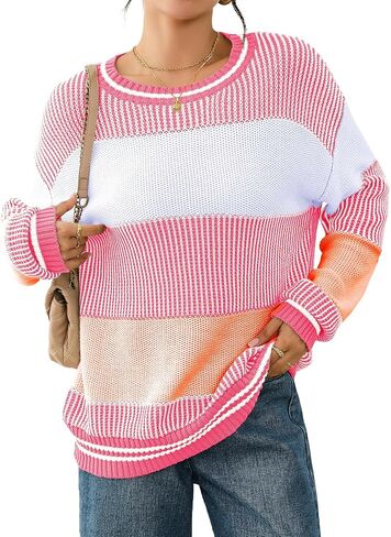 Viottiset Women's 2025 Fall Fashion Crew Neck Long Sleeve Striped Color Block Knit Loose Pullover Sweater Tops in Saudi Arabia