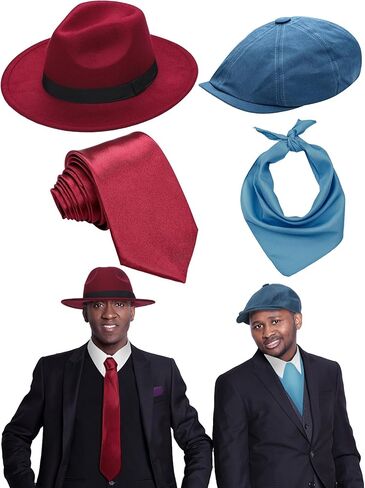 JenPen 4 Pcs Halloween 1930s Red Blue Twins Sisters Costume Accessories Include Hats Necktie Tie Vintage Octagonal Flat Cap Scarf for Men Women Gangsters Paranormal Spooky Movie Cosplay in Saudi Arabia