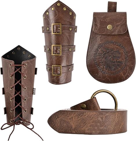 Renaissance Accessories 3 PCS Viking Belt Brown Medieval Vintage Pouch and Leather Bracers Men & Women Medieval Cosplay Costumes Accessories in Kuwait