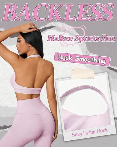 حمالة صدر رياضية هالتر للنساء - حمالة صدر مبطنة بدون ظهر لليوجا، حمالة صدر مفتوحة للتمرين من الخلف مع وسادات قابلة للإزالة in Kuwait