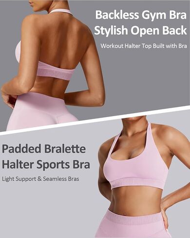 حمالة صدر رياضية هالتر للنساء - حمالة صدر مبطنة بدون ظهر لليوجا، حمالة صدر مفتوحة للتمرين من الخلف مع وسادات قابلة للإزالة in Kuwait