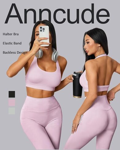 حمالة صدر رياضية هالتر للنساء - حمالة صدر مبطنة بدون ظهر لليوجا، حمالة صدر مفتوحة للتمرين من الخلف مع وسادات قابلة للإزالة in Kuwait