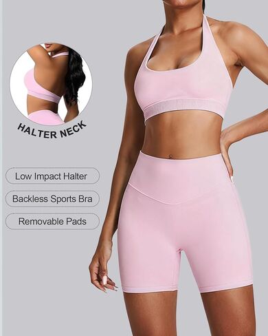 حمالة صدر رياضية هالتر للنساء - حمالة صدر مبطنة بدون ظهر لليوجا، حمالة صدر مفتوحة للتمرين من الخلف مع وسادات قابلة للإزالة in Kuwait