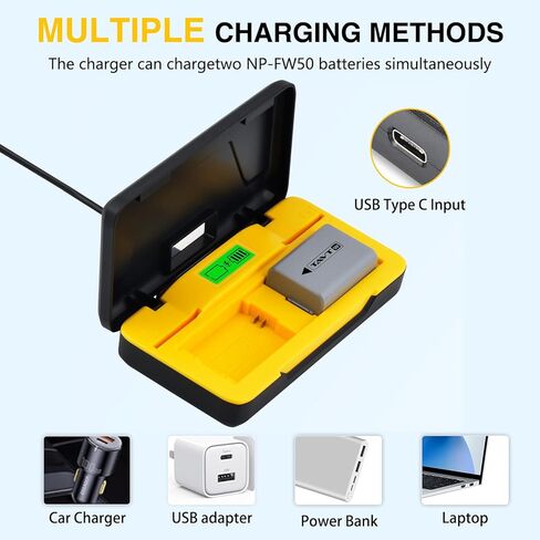 بطارية 2 حزمة NP-FW50 مع شاحن USB مزدوج مع عرض LED الذكي لـ Sony ZV-E10 ، Alpha A6000 ، A6300 ، A6400 ، A6500 ، A5100 ، A5000 ، A7S ، A7S II ، A7R ، A7 ، A7 II ، RX10 ، RX10 II ، NEX-3 ، NEX-5 كاميرا in Kuwait