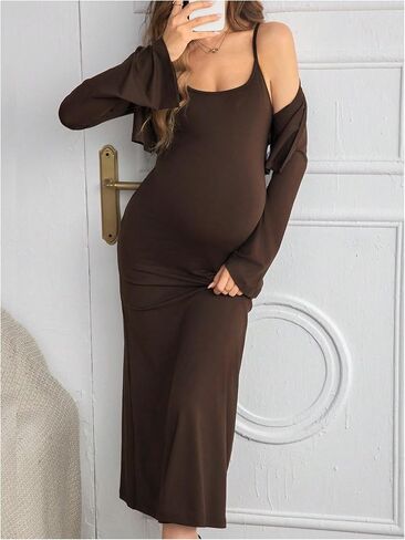 MakeMeChic Women's Maternity 2 Piece Outfits Long Sleeve Shrug and Long Cami Dress Pregnancy Set in Saudi Arabia