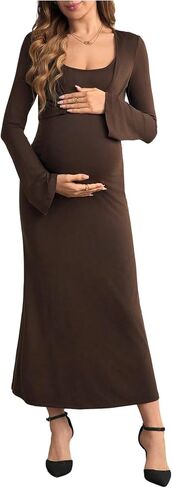 MakeMeChic Women's Maternity 2 Piece Outfits Long Sleeve Shrug and Long Cami Dress Pregnancy Set in Saudi Arabia