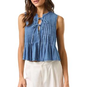 Womens Denim Top Sleeveless Pleated Jean Vest Tops for Women Tie-Front V Neck Denim Vest Trendy Casual Jean Tops in Kuwait