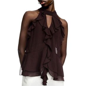 Women's Ruffle Mesh Halter Tops Cut Out Sleeveless Tie Back Tank Top Going Out Outfit in Saudi Arabia