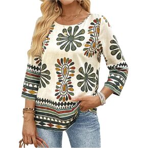 SHENHE Women's Floral 3/4 Sleeve Boho Blouse Crew Neck Dressy Casual Vacation Beach Top in Kuwait