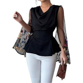 OYOANGLE Women's Floral Embroidery Sheer Long Sleeve Blouse Cowl Neck Ruched Bow Tie Back Peplum Top in Saudi Arabia