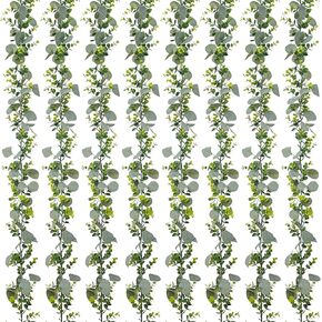 2 Pack Artificial Eucalyptus Garland with Flowers,Faux Greenery Garland Decor 5.9FT Fake Vines Hanging Spring Garlands for Bedroom Wedding Backdrop Arch Wall Centerpiece Table Outdoor Decor in Kuwait