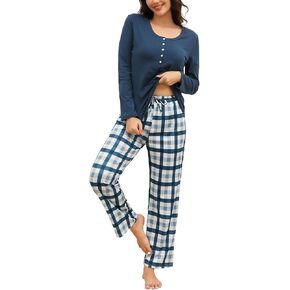 Cotton Pajamas for Women Set Long Sleeve with Plaid Pants Two Piece Loungewear Sleepwear Soft Ladies Pjs with Pockets in Kuwait