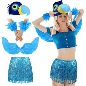 4 Pcs Halloween Blue Macaw Costume Blue Bird Parrot Cosplay Accessories with Feather Wings Felt Parrot Hat Feather Slap Bracelet Cuffs Sequin Fringe Skirt for Halloween Party in Kuwait