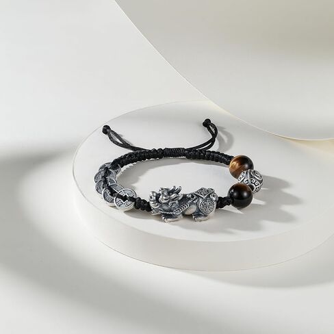 Sterling Silver Bracelets Pixiu Coins Beaded Bracelets Brown Stone Black Bracelet Wealth Feng Shui Bracelet for Men Father Birthday Anniversary in Saudi Arabia
