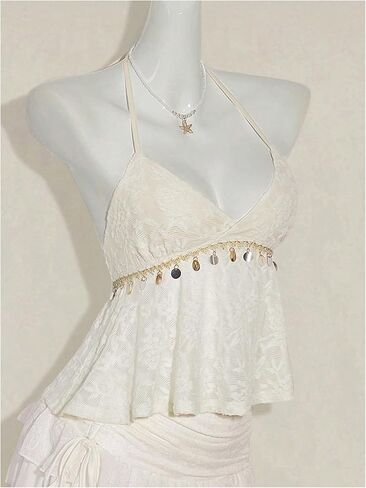 SweatyRocks Women's Boho Lace V Neck Halter Top Tie Backless Shell Y2k Vacation Peplum Tops in Saudi Arabia
