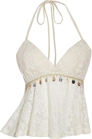 SweatyRocks Women's Boho Lace V Neck Halter Top Tie Backless Shell Y2k Vacation Peplum Tops in Saudi Arabia