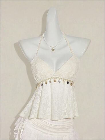 SweatyRocks Women's Boho Lace V Neck Halter Top Tie Backless Shell Y2k Vacation Peplum Tops in Saudi Arabia