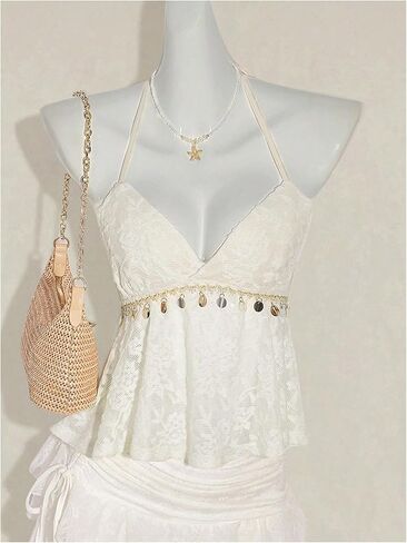 SweatyRocks Women's Boho Lace V Neck Halter Top Tie Backless Shell Y2k Vacation Peplum Tops in Saudi Arabia