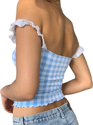 Women's Gingham Top Y2K Lace Cami Crop Top Sleeveless Square Neck Plaid Tank Top Sexy Going Out Shirt in Saudi Arabia