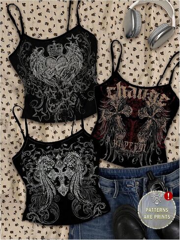 قمصان SHENHE النسائية المكونة من 3 قطع Y2k Gothic Tank Tops وحزام سباغيتي جرافيك Grunge Punk Alt Camisoles in Saudi Arabia