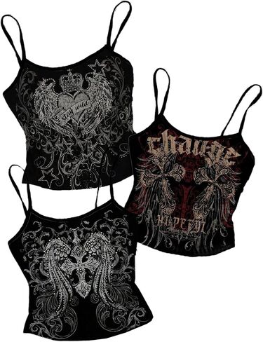 قمصان SHENHE النسائية المكونة من 3 قطع Y2k Gothic Tank Tops وحزام سباغيتي جرافيك Grunge Punk Alt Camisoles in Saudi Arabia