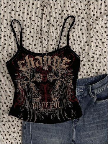 قمصان SHENHE النسائية المكونة من 3 قطع Y2k Gothic Tank Tops وحزام سباغيتي جرافيك Grunge Punk Alt Camisoles in Saudi Arabia