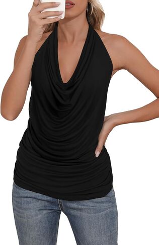 DB MOON Womens Halter Cowl Neck Tank Tops Summer Sexy Backless Cute Ruched Casual Shirts in Saudi Arabia