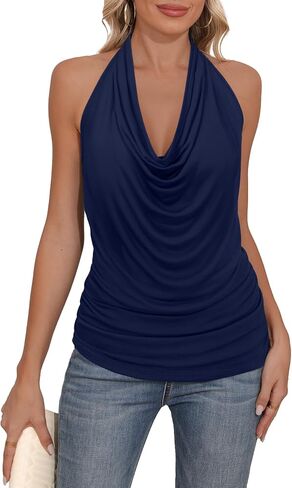 DB MOON Womens Halter Cowl Neck Tank Tops Summer Sexy Backless Cute Ruched Casual Shirts in Saudi Arabia