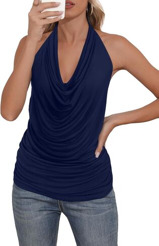 DB MOON Womens Halter Cowl Neck Tank Tops Summer Sexy Backless Cute Ruched Casual Shirts in Saudi Arabia
