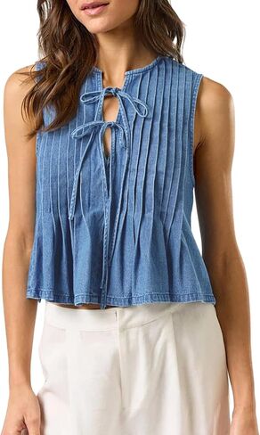 Womens Denim Top Sleeveless Pleated Jean Vest Tops for Women Tie-Front V Neck Denim Vest Trendy Casual Jean Tops in Kuwait