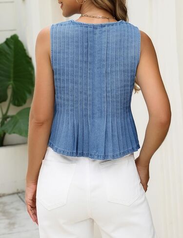Womens Denim Top Sleeveless Pleated Jean Vest Tops for Women Tie-Front V Neck Denim Vest Trendy Casual Jean Tops in Kuwait