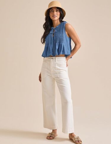 Womens Denim Top Sleeveless Pleated Jean Vest Tops for Women Tie-Front V Neck Denim Vest Trendy Casual Jean Tops in Kuwait