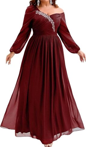 Plus Size Sparkly Dresses for Women,Off Shoulder Long Sleeve Rhinestone Flowy Maxi Cocktail Wedding Guest Dress in Saudi Arabia