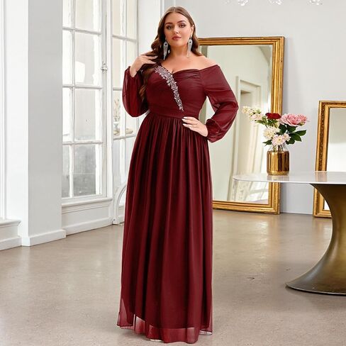 Plus Size Sparkly Dresses for Women,Off Shoulder Long Sleeve Rhinestone Flowy Maxi Cocktail Wedding Guest Dress in Saudi Arabia