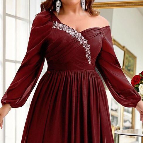 Plus Size Sparkly Dresses for Women,Off Shoulder Long Sleeve Rhinestone Flowy Maxi Cocktail Wedding Guest Dress in Saudi Arabia