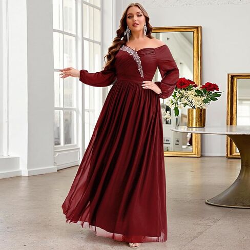 Plus Size Sparkly Dresses for Women,Off Shoulder Long Sleeve Rhinestone Flowy Maxi Cocktail Wedding Guest Dress in Saudi Arabia