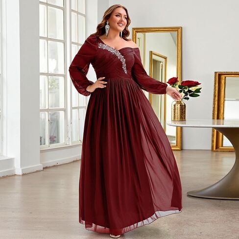 Plus Size Sparkly Dresses for Women,Off Shoulder Long Sleeve Rhinestone Flowy Maxi Cocktail Wedding Guest Dress in Saudi Arabia