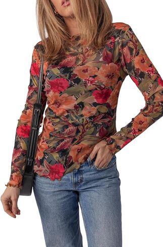 Womens 2025 Fashion Tops Multicolour Floral Print Lettuce Trim Long Sleeve Mesh Top in Saudi Arabia