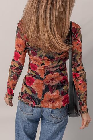Womens 2025 Fashion Tops Multicolour Floral Print Lettuce Trim Long Sleeve Mesh Top in Saudi Arabia