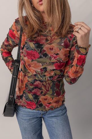 Womens 2025 Fashion Tops Multicolour Floral Print Lettuce Trim Long Sleeve Mesh Top in Saudi Arabia