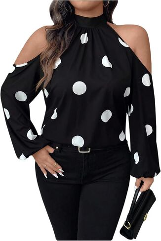 MakeMeChic Women's Plus Size Blouse Polka Dots Mock Neck Cold Shoulder Tie Back Long Sleeve Tops in Saudi Arabia