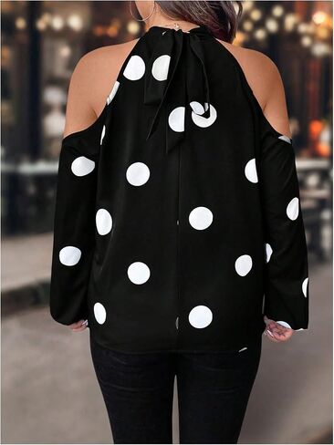 MakeMeChic Women's Plus Size Blouse Polka Dots Mock Neck Cold Shoulder Tie Back Long Sleeve Tops in Saudi Arabia