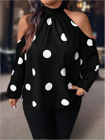 MakeMeChic Women's Plus Size Blouse Polka Dots Mock Neck Cold Shoulder Tie Back Long Sleeve Tops in Saudi Arabia