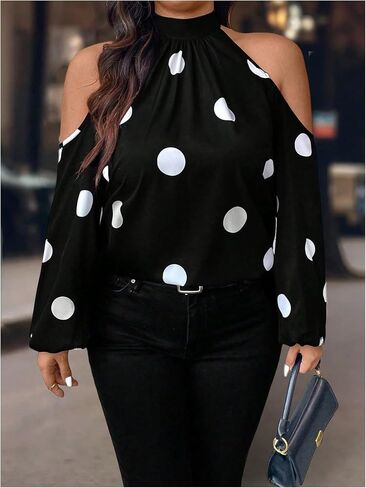 MakeMeChic Women's Plus Size Blouse Polka Dots Mock Neck Cold Shoulder Tie Back Long Sleeve Tops in Saudi Arabia