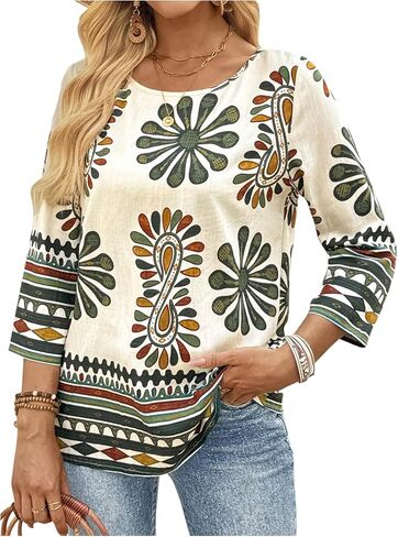 SHENHE Women's Floral 3/4 Sleeve Boho Blouse Crew Neck Dressy Casual Vacation Beach Top in Saudi Arabia