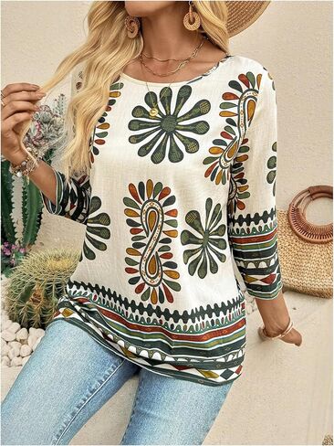 SHENHE Women's Floral 3/4 Sleeve Boho Blouse Crew Neck Dressy Casual Vacation Beach Top in Saudi Arabia