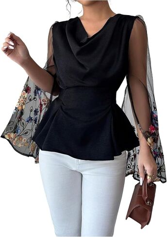 OYOANGLE Women's Floral Embroidery Sheer Long Sleeve Blouse Cowl Neck Ruched Bow Tie Back Peplum Top in Saudi Arabia