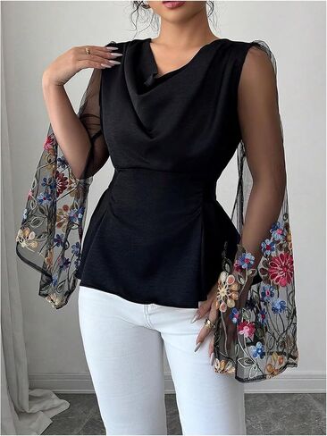 OYOANGLE Women's Floral Embroidery Sheer Long Sleeve Blouse Cowl Neck Ruched Bow Tie Back Peplum Top in Saudi Arabia