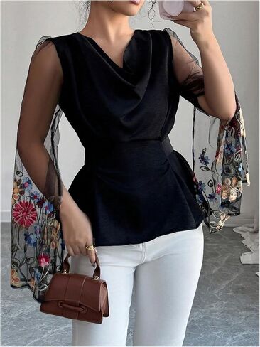 OYOANGLE Women's Floral Embroidery Sheer Long Sleeve Blouse Cowl Neck Ruched Bow Tie Back Peplum Top in Saudi Arabia